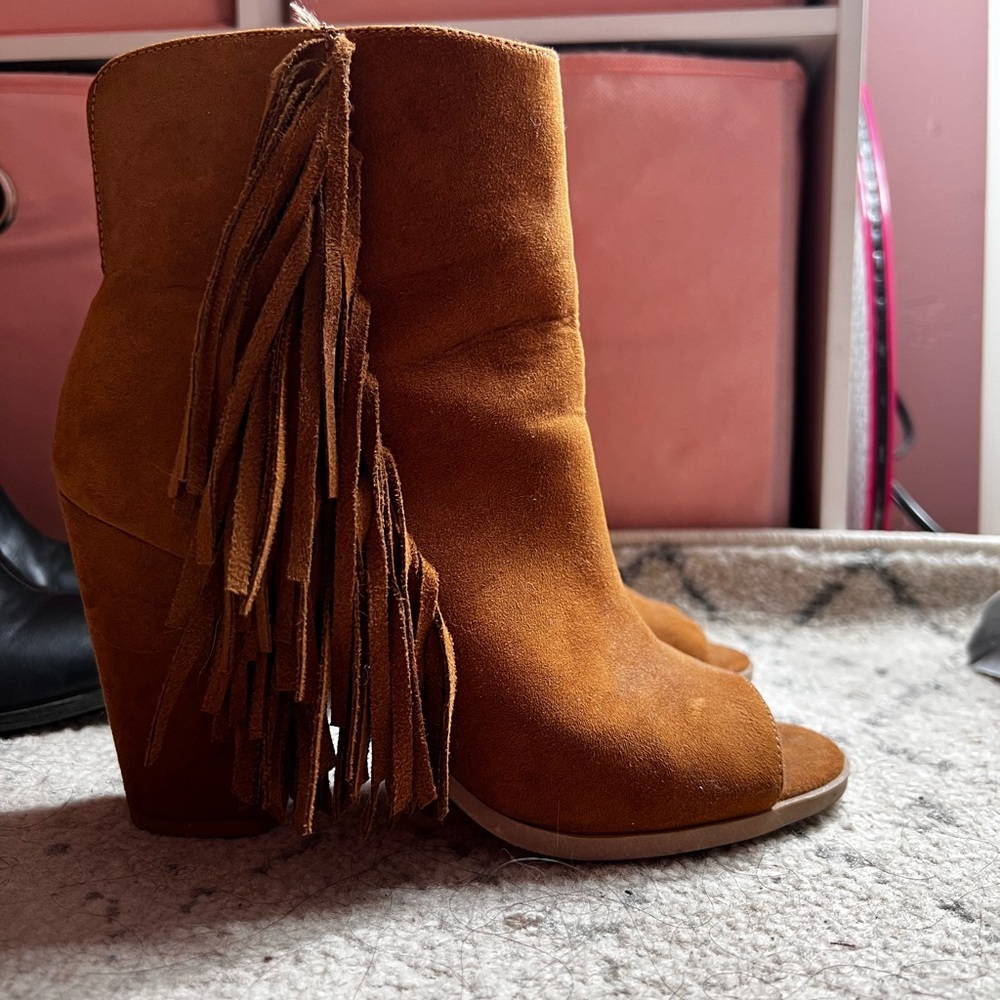Brown suede fringe heels